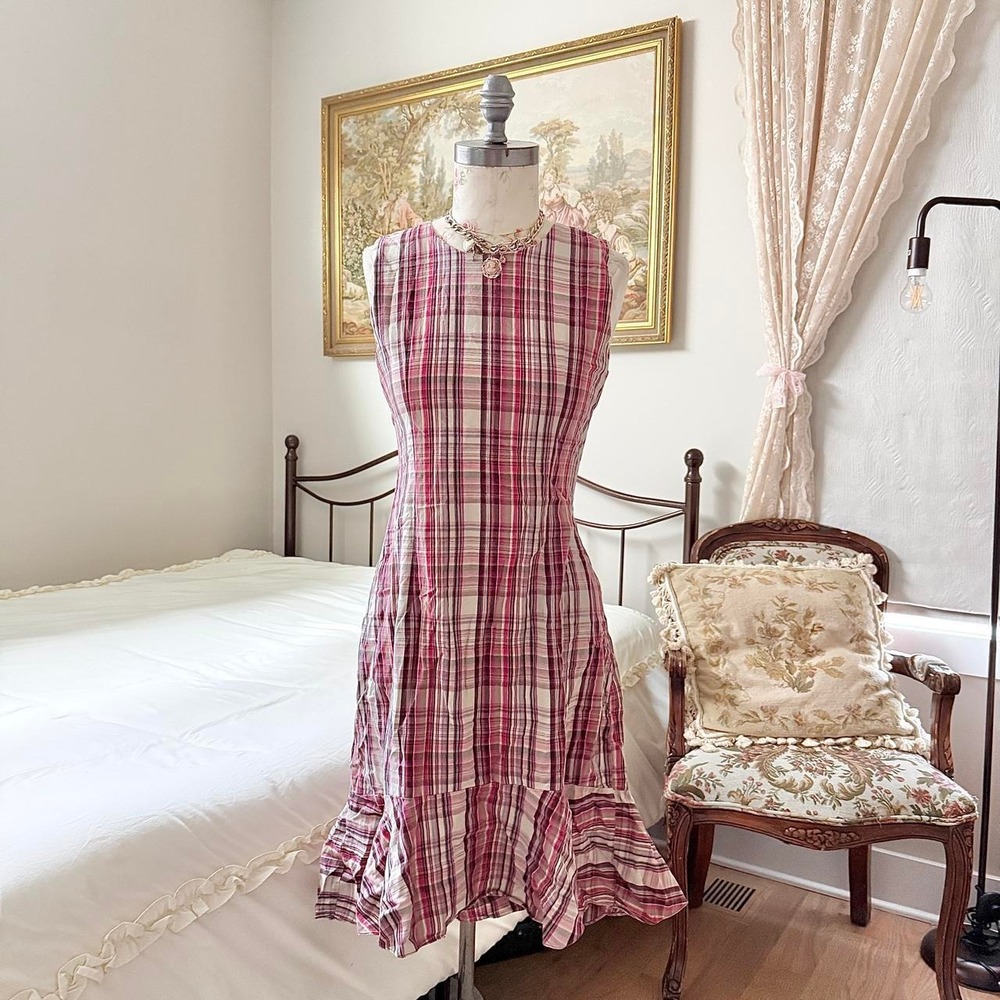 90s Xact size medium pink burgundy and cream plaid sleeveless dress